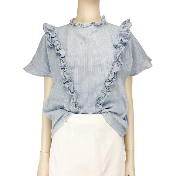 AMERCICO & ROSA Blue White Coastal PinStriped Ruffled Blouse Top Size M - Picture 2 of 7
